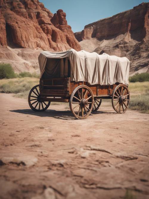 An antique wooden covered wagon with weathered canvas parked on dry land, with colorful cliff formations in the background.