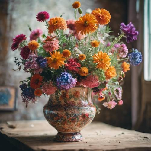 Uma explosão vibrante de flores de verão saindo de um vaso vintage.