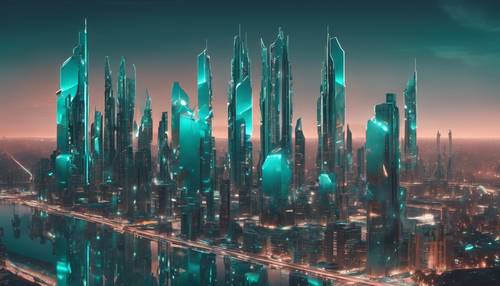 Przypominający futurystyczną grafikę koncepcyjną, pejzaż miejski o zmierzchu zdominowany przez turkusową metaliczną architekturę.