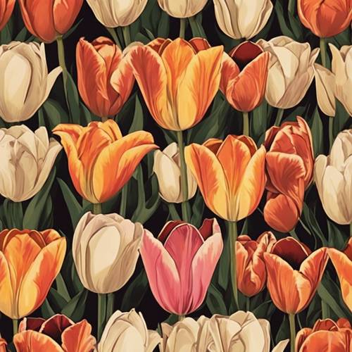 Tulipes de style Art déco disposées selon un motif circulaire avec des couleurs chaudes du coucher du soleil.