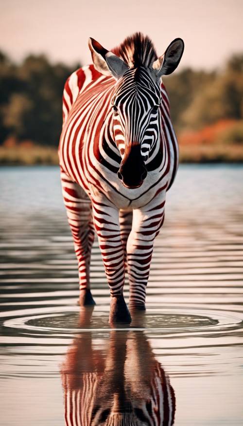 Uma zebra vermelha parada perto de um lago tranquilo, refletindo sua imagem na água calma.