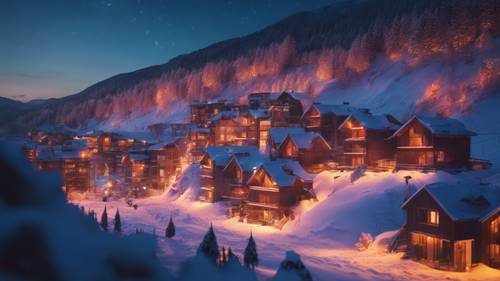 Uma cidade neon escondida em uma cordilheira coberta de neve, aquecendo a noite fria com suas luzes.