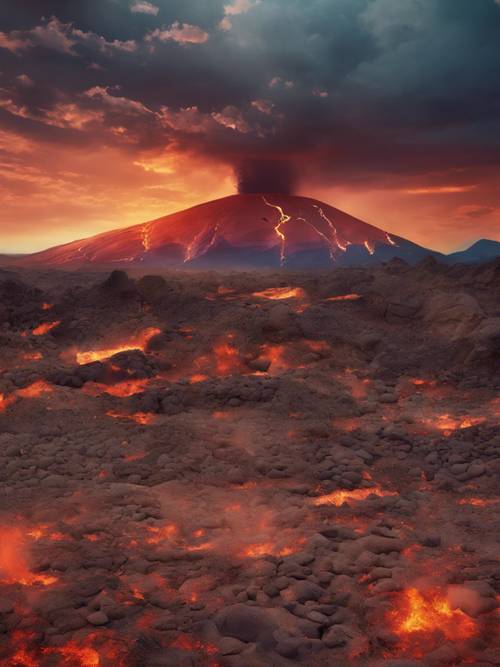 噴火した火山地帯の壁紙――燃えるような空の下で憂鬱は茶碗の中の嵐とされた作品