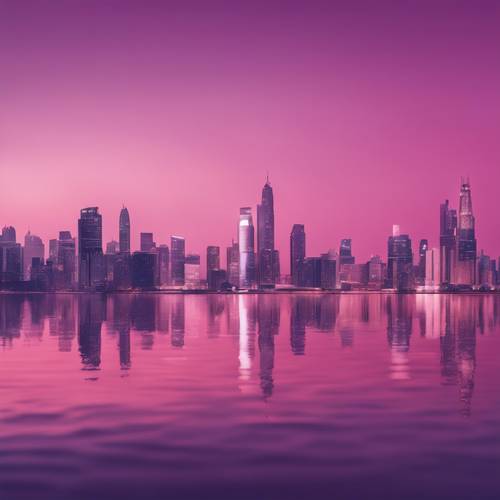 Eine schillernde abendliche Skyline der Stadt spiegelt sich im Wasser und zeigt einen hellrosa bis violetten Ombre-Effekt.