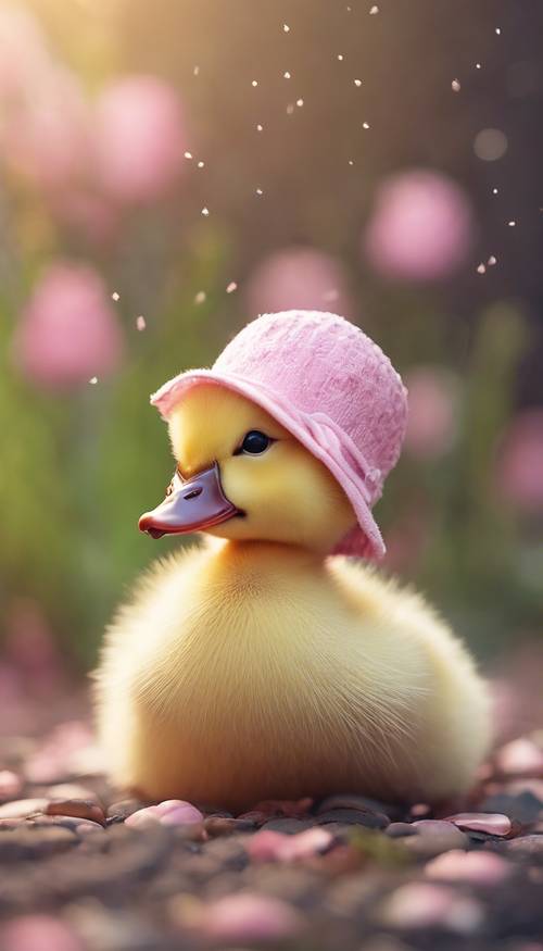 一只可爱的小鸭子戴着一顶带蝴蝶结的可爱粉色帽子的艺术作品。