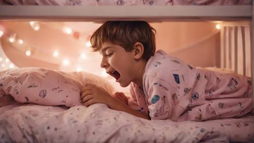 A sleepy teen boy wearing pastel pajamas, yawning as he crawls out of his space-themed bunk bed at the break of dawn.