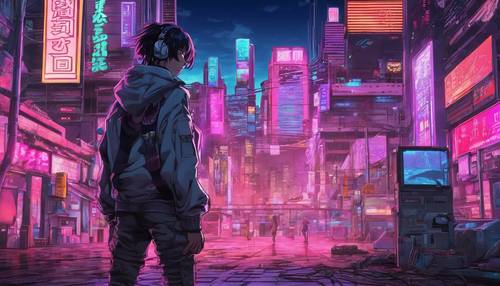 Personaggio anime cyberpunk in un paesaggio urbano vaporwave sotto il chiaro di luna al neon.