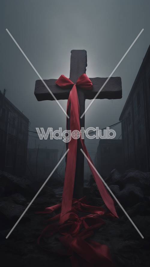 Misteriosa città nebbiosa con un nastro rosso brillante su una croce