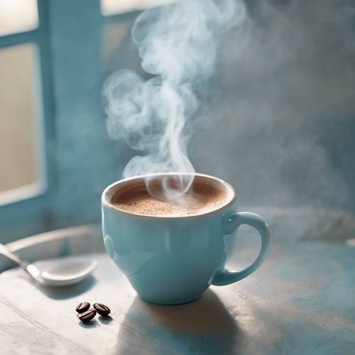 A baby blue colored ceramic mug filled with steaming hot coffee on a peaceful morning.