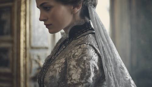 Femme du XIXème siècle debout fièrement dans une robe cousue de tissu damassé argenté.
