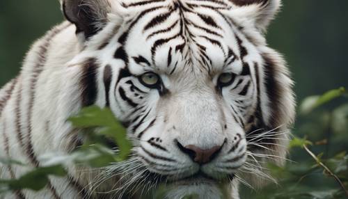 Мощный белый сибирский тигр, пристально выслеживающий свою добычу среди густого сибирского леса.