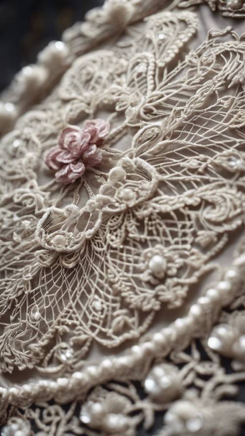 A closeup of intricate lace work, showing its unique embroideries and details.
