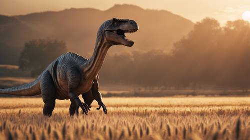 An impossibly large dinosaur, lit up by the soft glow of the setting sun, walking through a field of tall wheat.