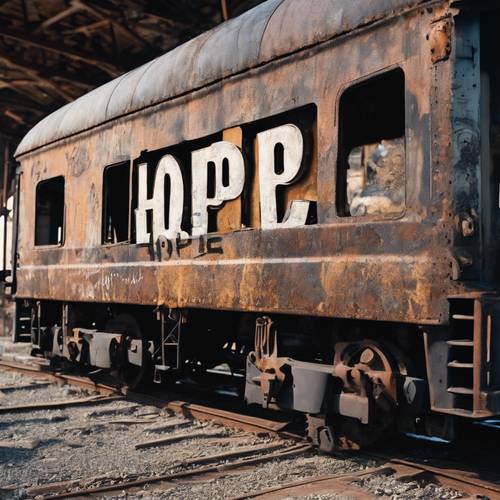 Black graffiti that says 'HOPE' on an old, rusty train car.