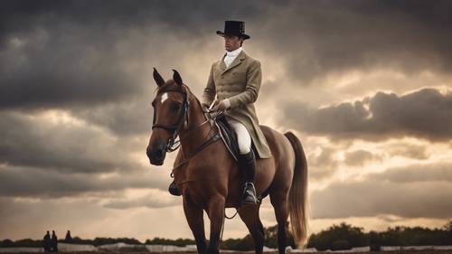 Un equestre elegante vestito con abiti tradizionali inglesi che gareggia in uno spettacolo di cavalli sotto il drammatico cielo serale