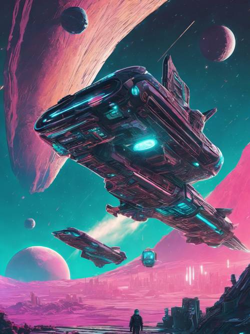 A sleek teal spaceship in a realistic space exploration game, flying over an alien planet.