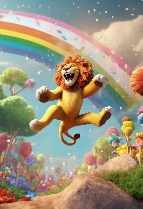 Un león caricaturesco saltando alegremente sobre un arcoíris caprichoso.