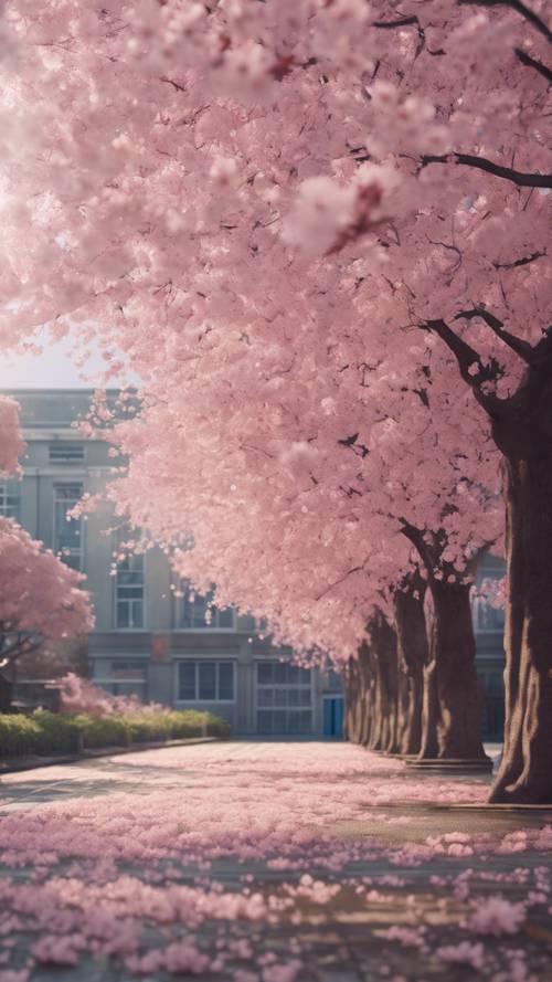 A cherry blossom tree showering petals over an empty anime-style schoolyard.