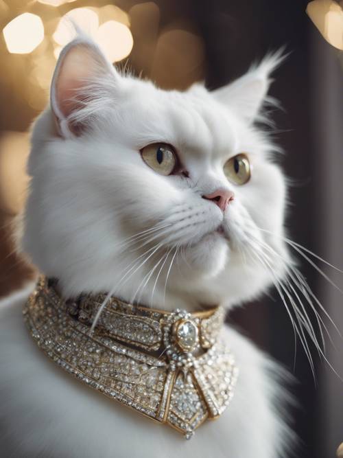 An elegant white Persian cat with a diamond-studded collar.