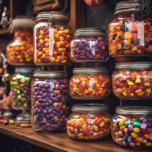 A charming, old-style candy shop filled with oversized jars of colorful Halloween candies.