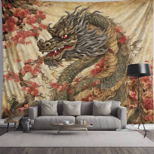 A Japanese dragon displayed as a lavish wall tapestry.