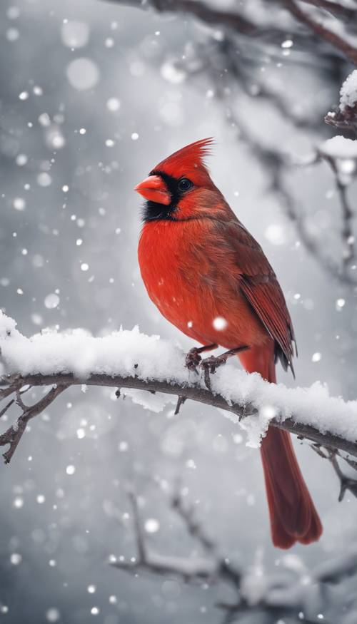 Promienny czerwony kardynał ptak siedzi na pokrytej śniegiem gałęzi podczas pogodnego zimowego poranka.