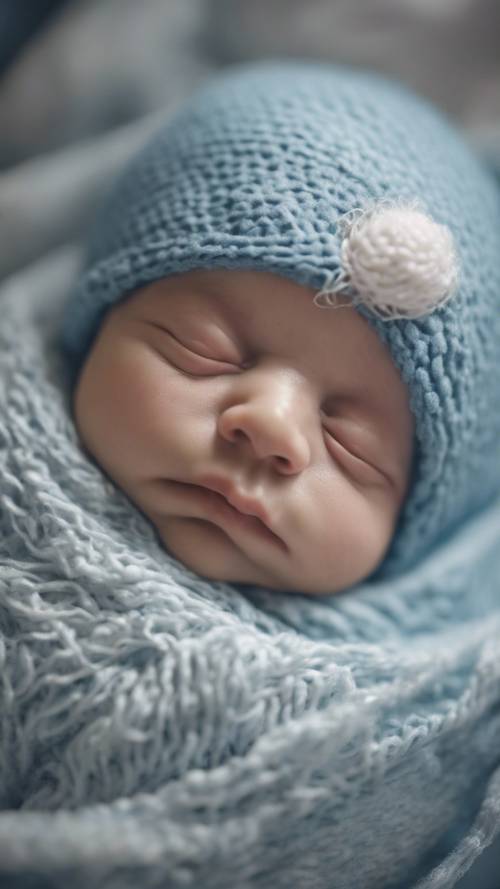 A newborn baby swaddled in a blue blanket sleeping peacefully.