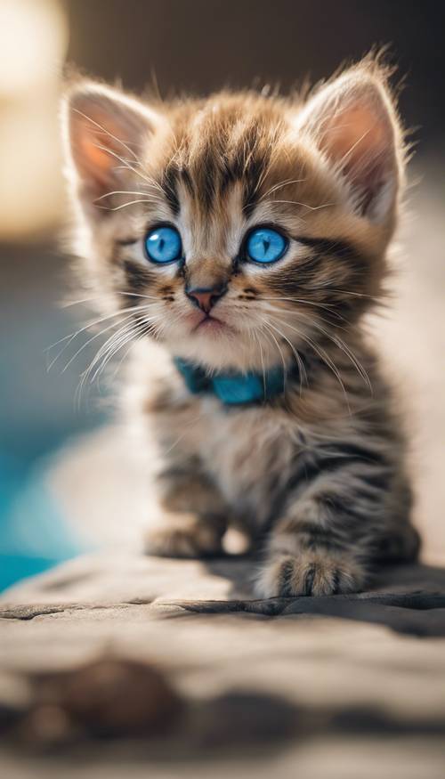 Ein kariertes Kätzchen starrt mit leuchtend blauen Augen neugierig in die Kamera.