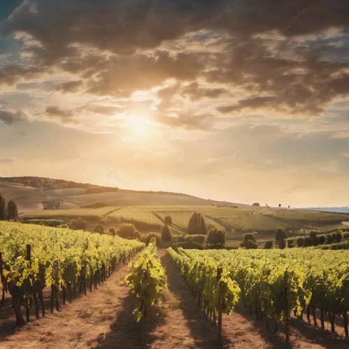 A panoramic view of a vineyard at sunset with the sun casting earthy tones across the landscape.