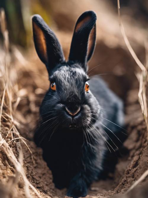 An adventurous black rabbit peaking out of its burrow, its shiny eyes glistening with excitement.