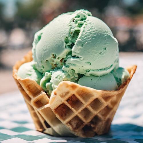 Satu sendok es krim keping mint lezat yang meleleh dalam kerucut wafel di bawah sinar matahari musim panas.