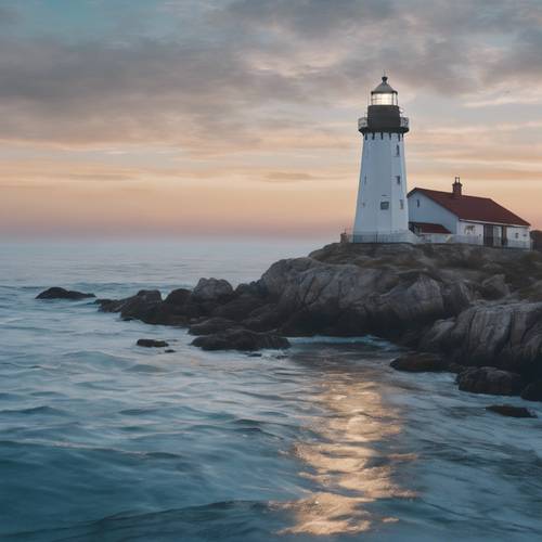 一幅黄昏时分宁静的银蓝色海洋的画作，一座灯塔孤独地矗立在冷白之中。