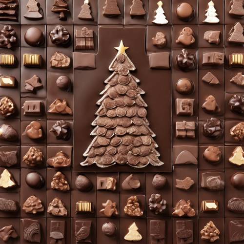 Kalender kedatangan pohon Natal yang indah, setiap dinding dan ubin atap dibuat dari cokelat hitam, dengan laci-laci kecil bernomor berisi berbagai macam truffle.