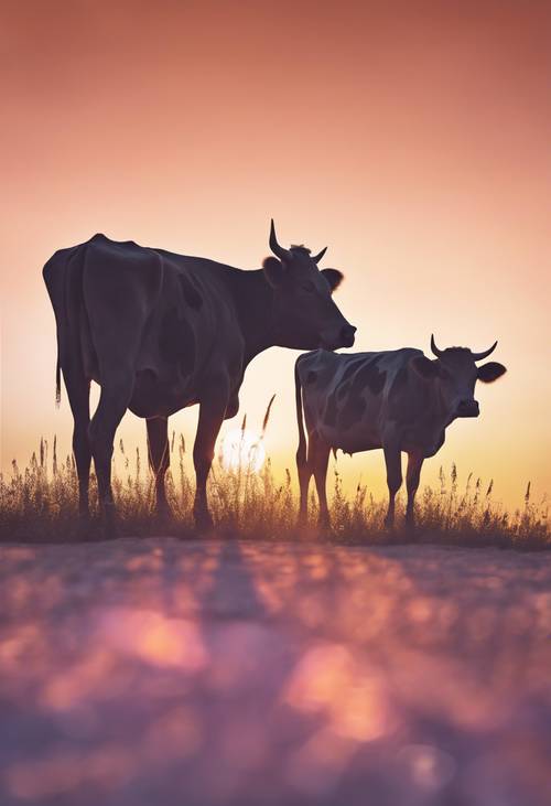 Artistic representation of a sunset with the silhouette of pastel cow print in the foreground. Tapeta [a77b469faccf4a7db38d]