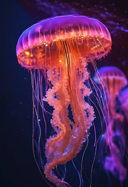 A neon-colored jellyfish creating a dazzling display of lights in the darkest corner of the sea.