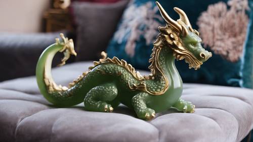 Eine wunderschöne Drachenfigur aus Jade, die auf einem plüschigen Samtkissen sitzt.