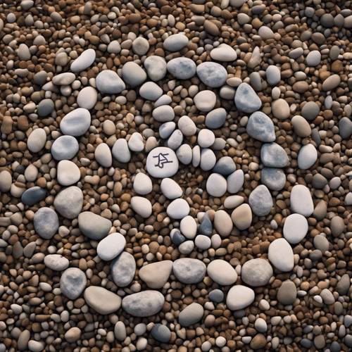 An idyllic riverbed with pebbles arranged in the shape of the zodiac sign Sagittarius.