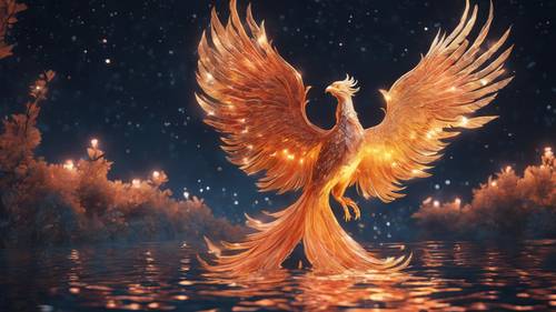A beautiful scene depicting a mythical phoenix bathing in the glow of the midnight moon.