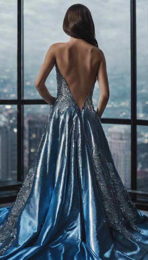 Robe de soirée bleue métallisée avec détails en sequins argentés