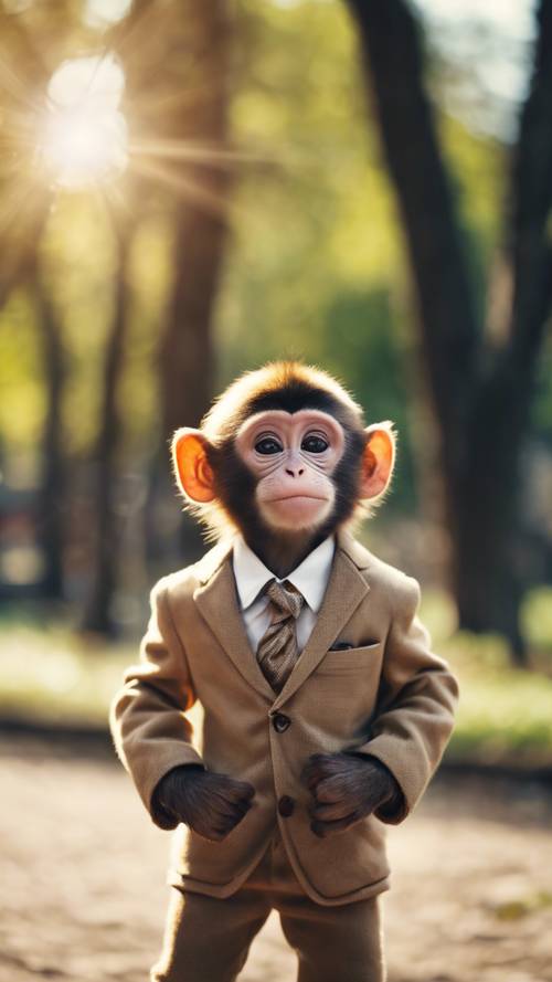 Şık kıyafetler giymiş, ağaçlarla dolu güneşli bir parkta şakacı bir şekilde poz veren küçük arsız bir maymun.