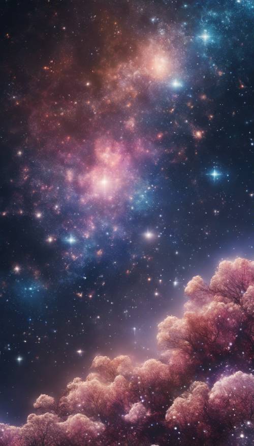 A mesmerizing galaxy scene, with stars and nebulae designed using intricate flower patterns.
