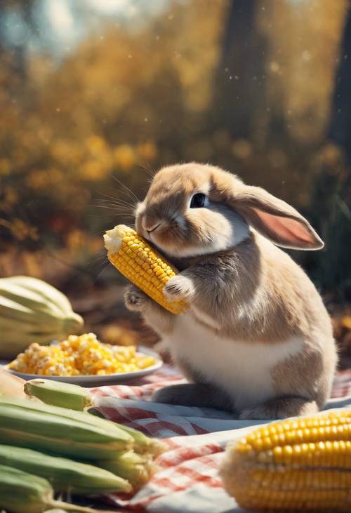 An adorable sketch of a bunny enjoying corn on the cob during a Thanksgiving picnic.