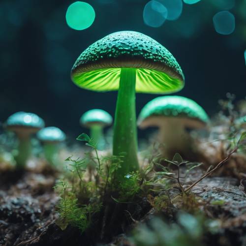 来自另一个世界的科幻主题、生物发光的绿色蘑菇。
