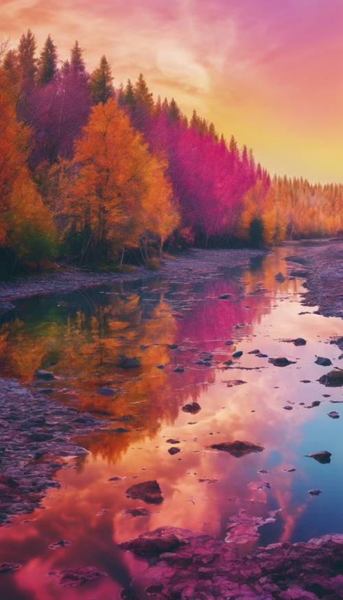 An abstract trippy landscape at sunset, with rainbow-colored trees and a multicolored river. Tapeta [4ac17076dbd84a67a959]