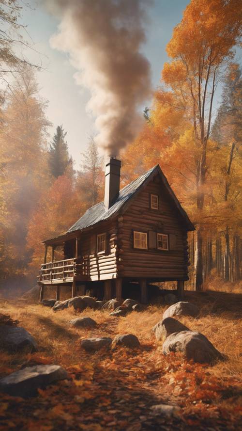 Uma cabana de madeira com fumaça saindo da chaminé, no meio de uma colorida floresta de outono.
