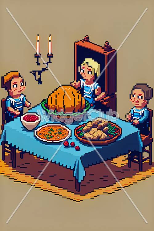 家庭以像素艺术风格享用感恩节晚餐