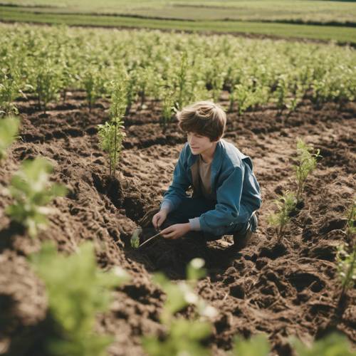 Una ripresa aerea di un ragazzo adolescente allampanato con un sorriso gentile, che pianta alberelli in un campo di campagna soleggiato.