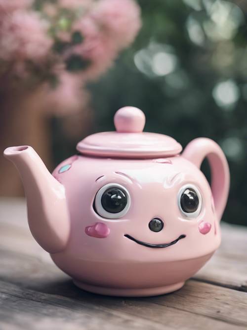 A kawaii teapot painted in pastel pink hues with a cute face.