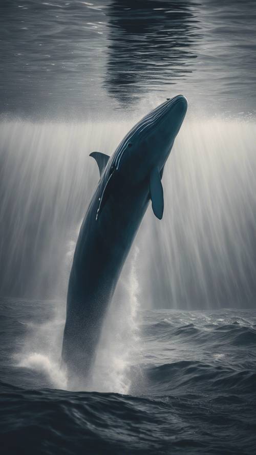 חריטה מפורטת של זוג לווייתני סנפיר צוללים לעומק התהום.