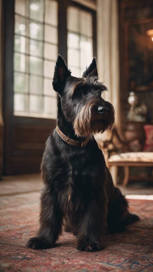 Un terrier escocés de color marrón oscuro se sienta atentamente, mirando hacia arriba, sobre una hermosa alfombra persa vintage en una acogedora habitación.